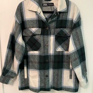 Zara Checkered Shirt Jacket - Green, Gray, and White